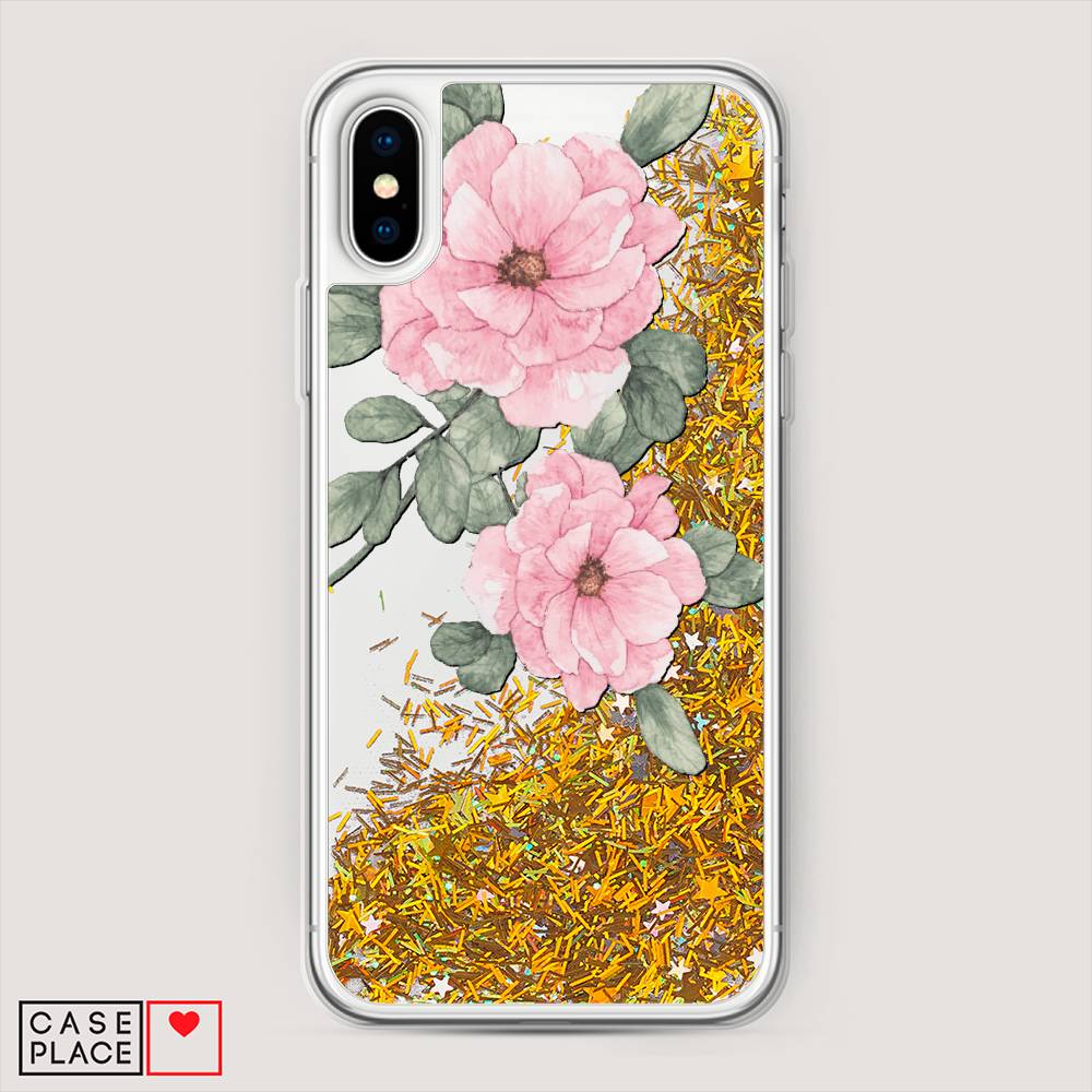 

Жидкий чехол с блестками "Акварельные розовые цветы" на Apple iPhone XS Max (10S Max), 11990-1