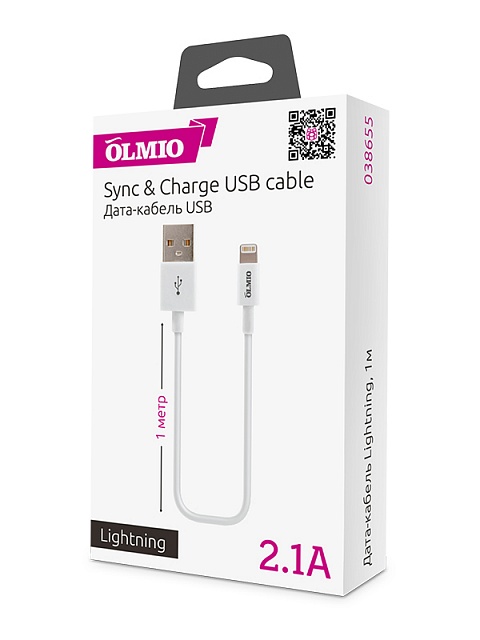 фото Кабель usb 2.0 - lightning, 1м, белый, olmio,