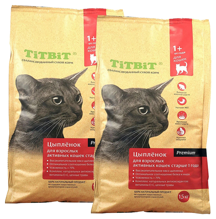 Сухой корм для активных кошек Titbit с цыпленком, 2 шт по 1,5 кг