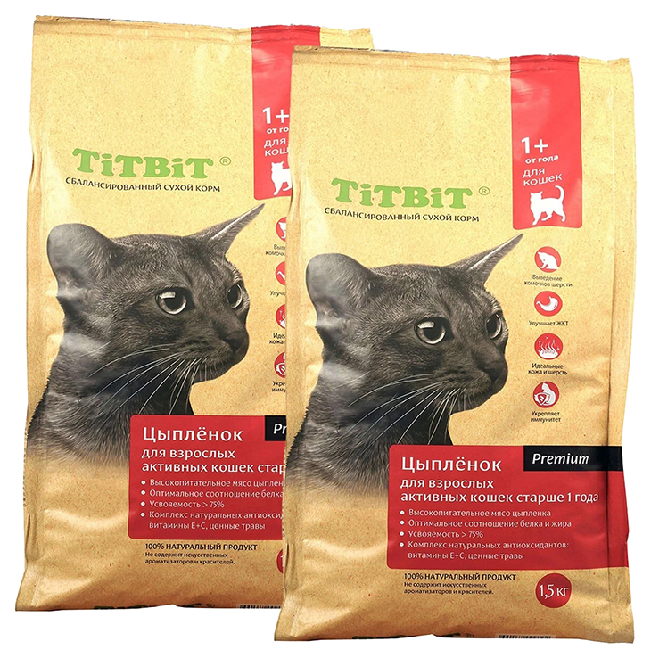 

Сухой корм для активных кошек Titbit с цыпленком, 2 шт по 1,5 кг