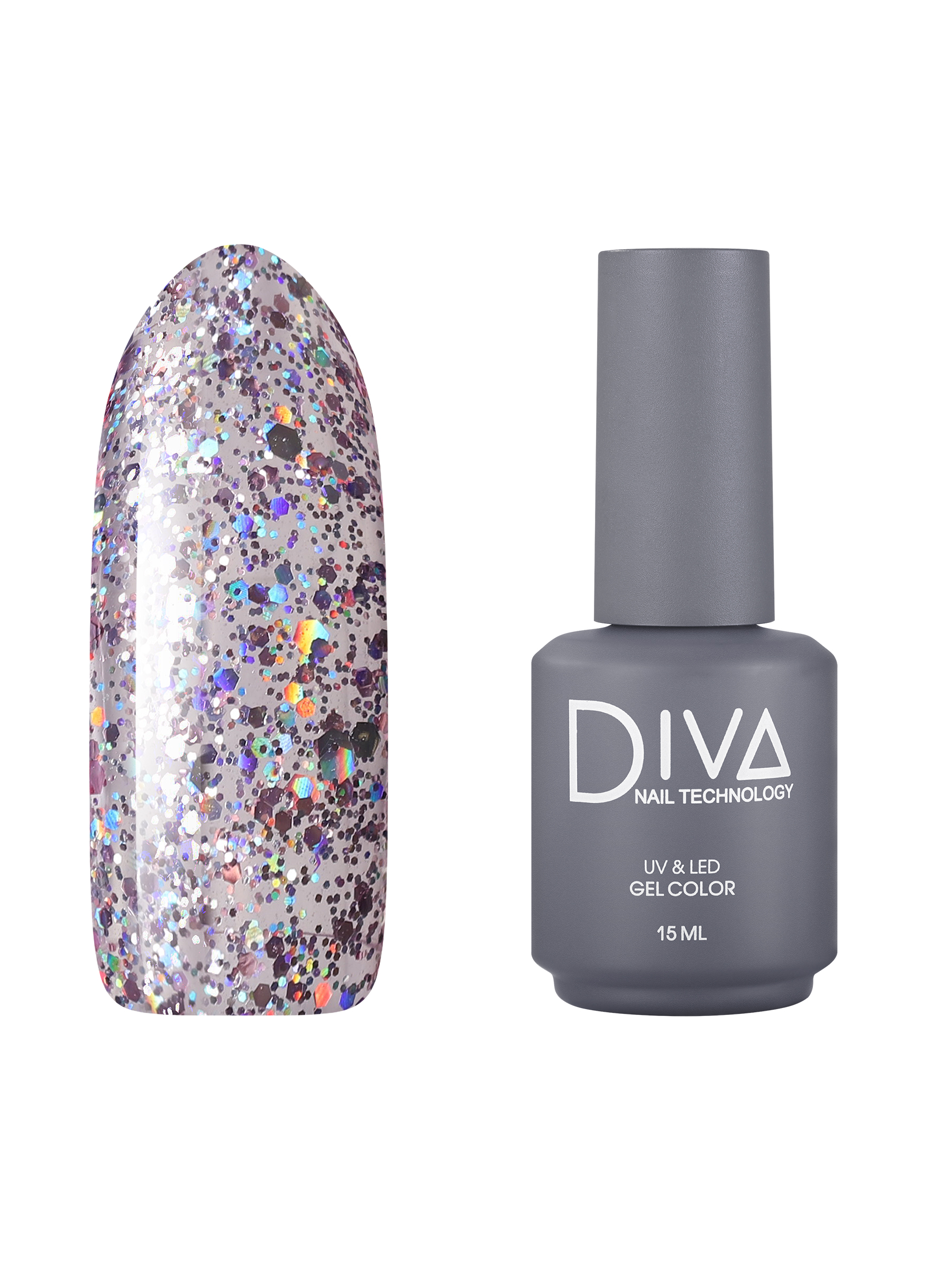 

Гель лак для ногтей с блестками Diva Nail Technology плотный светлый сиреневый 15 мл, Gel Color