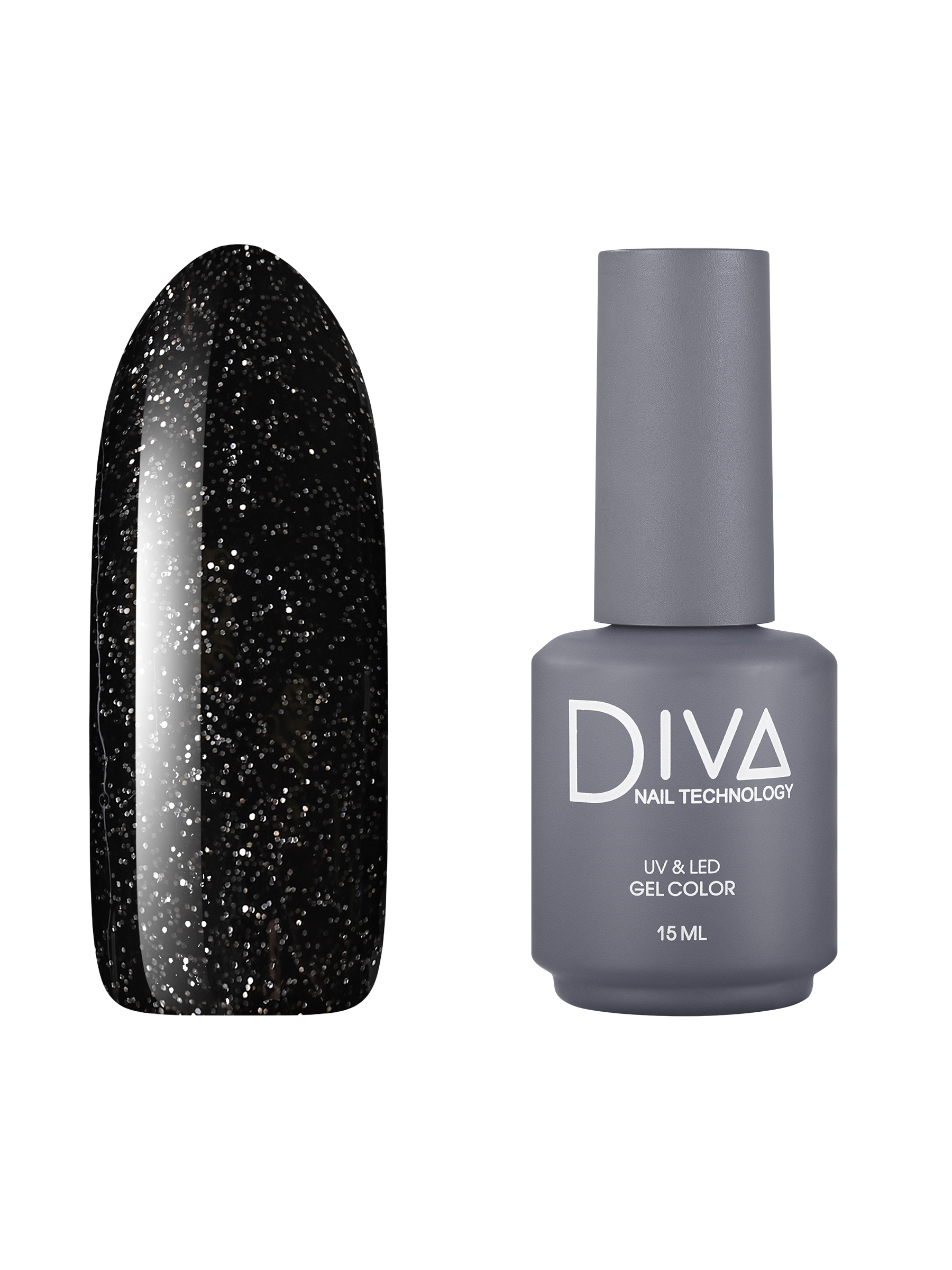 Гель лак для ногтей с блестками Diva Nail Technology плотный темный черный 15 мл