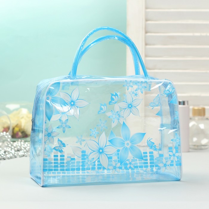 

Косметичка женская КНР цветы голубая, 24х17,5х9,5 см, цветы