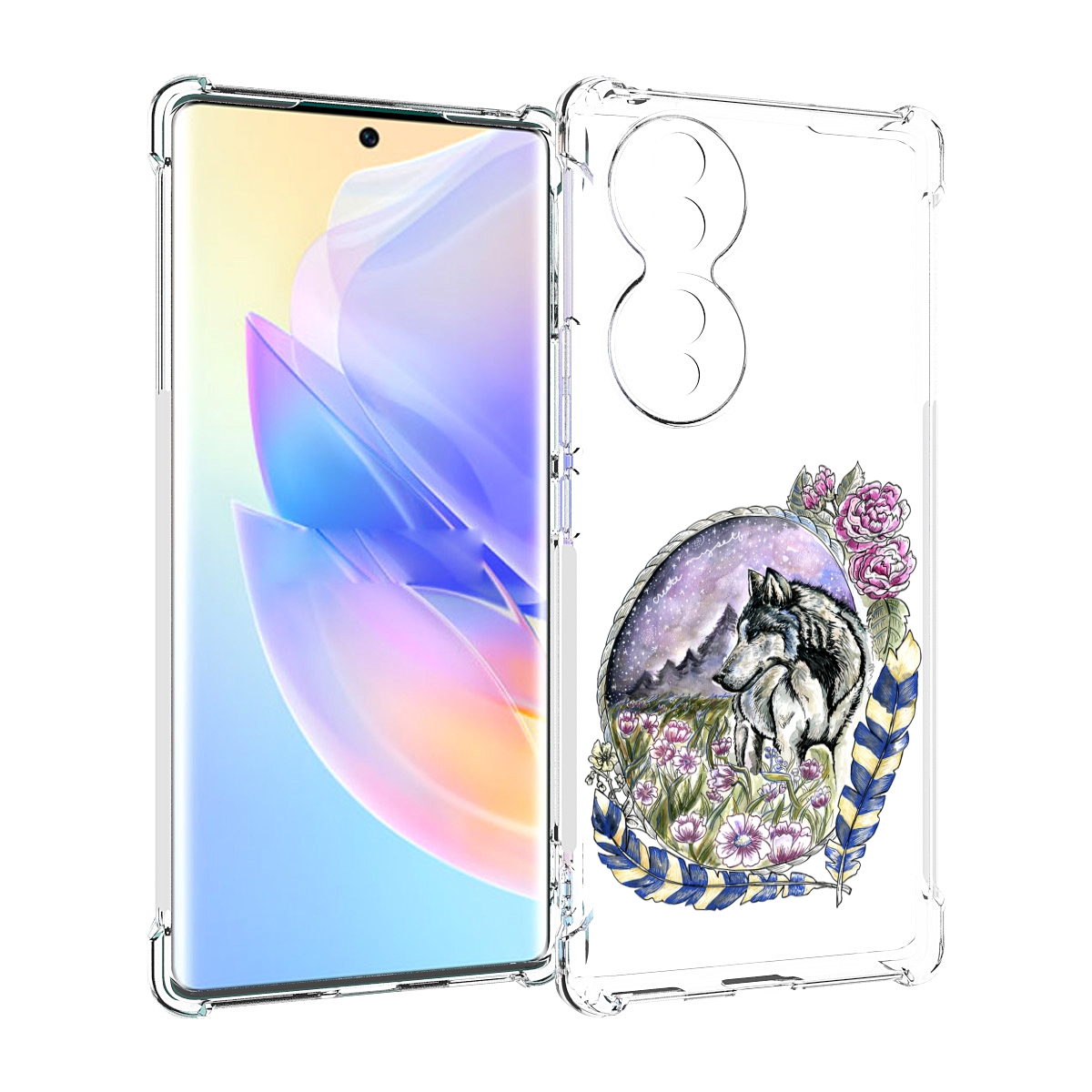 

Чехол MyPads нарисованный волк в цветах с перьями для Honor 70, Прозрачный, Tocco