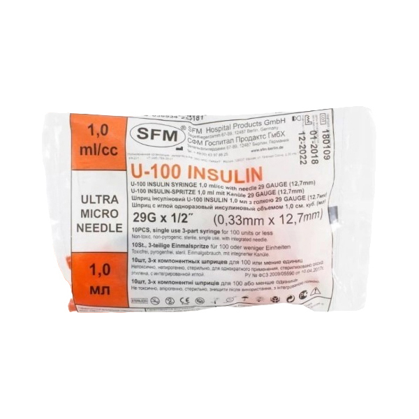 

Шприц СФМ инсулин 3х комп 1мл 10 шт (U40 29G 0,33х12,7), Красный