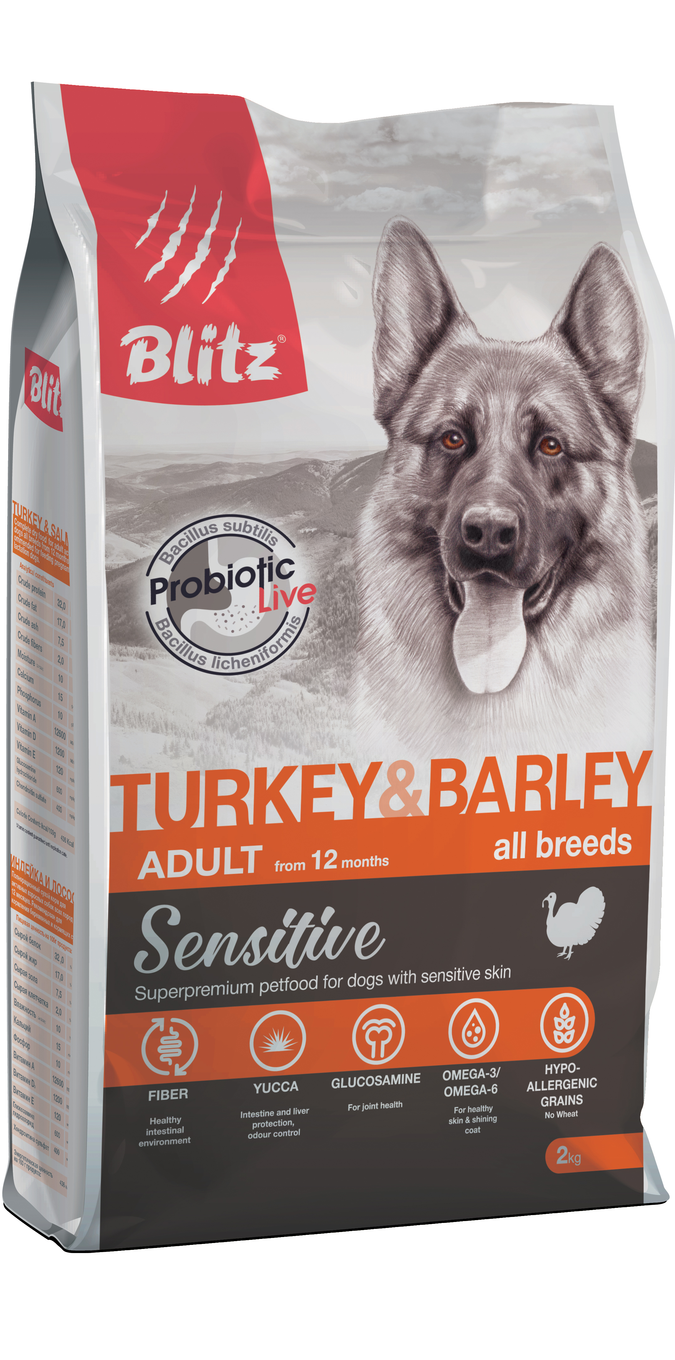 фото Сухой корм для собак blitz sensitive adult all breeds с индейкой и ячменем 4шт по 2кг