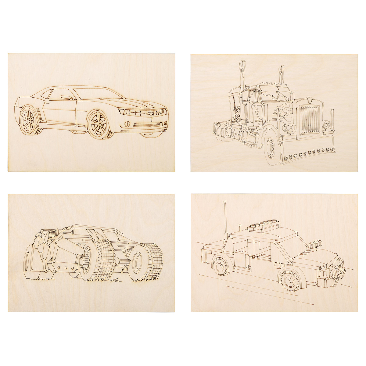 L-2305 Набор досок для выжигания, выпиливания, рисования apos;Машиныapos;, 4 шт, формат А5