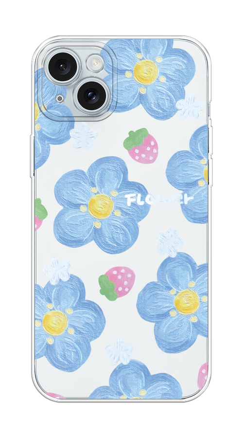 

Чехол на Apple iPhone 15 Plus "Цветы и клубники", Прозрачный;голубой;белый, 15650-1