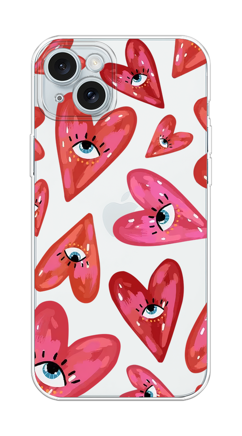 

Чехол на Apple iPhone 15 Plus "Сердечки с глазами", Коричневый;красный;розовый, 15650-1