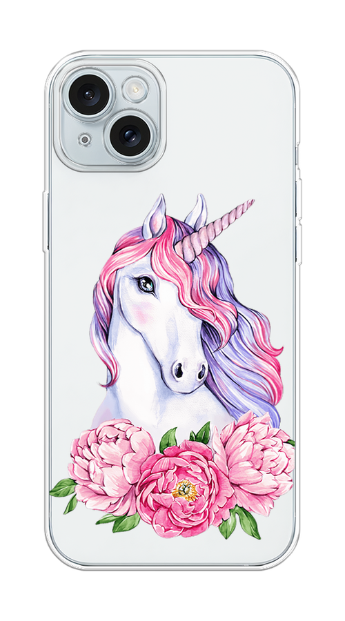 

Чехол на Apple iPhone 15 Plus "Единорог с пионами", Розовый;белый;зеленый, 15650-1