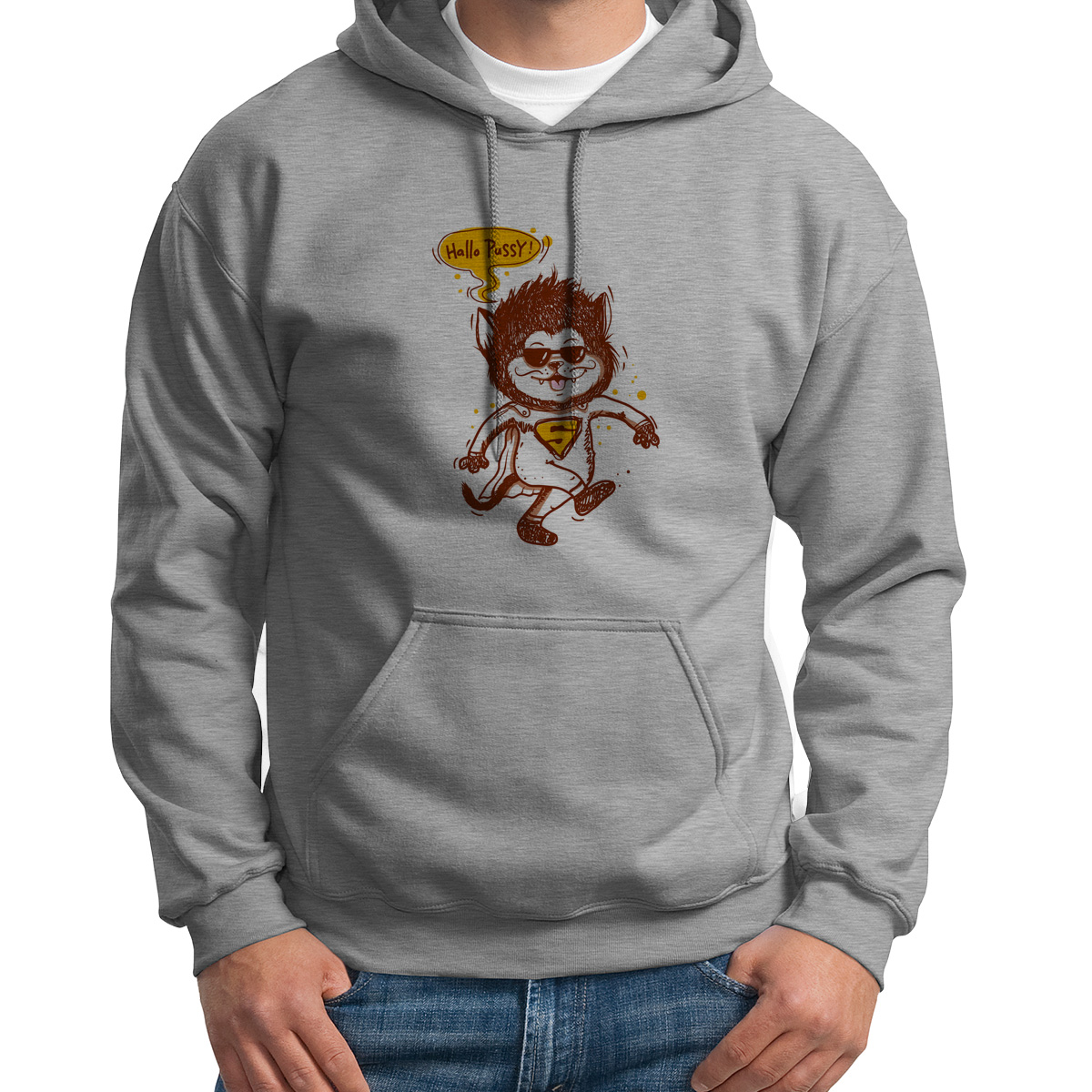 

Худи унисекс CoolPodarok Иллюстрация Кот в костюме супермена 2 серое 44 RU, Серый, S0151364