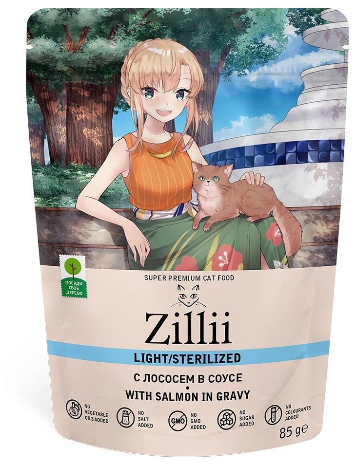 Влажный корм для кошек Zillii Sterilized/Light, лосось в соусе, 22шт по 85г