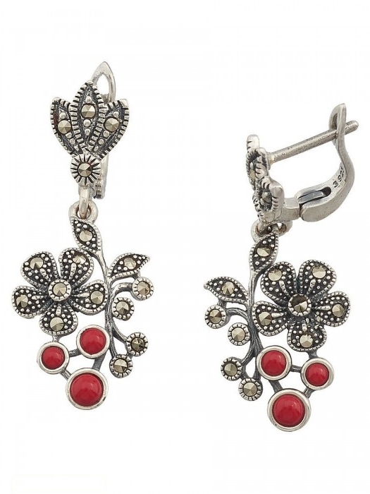 

Серьги женские из серебра ЮК Марказит HE963, марказит/коралл, HE963