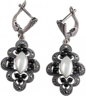 

Серьги женские из серебра ЮК Марказит HE845, жемчуг/марказит/оникс, HE845