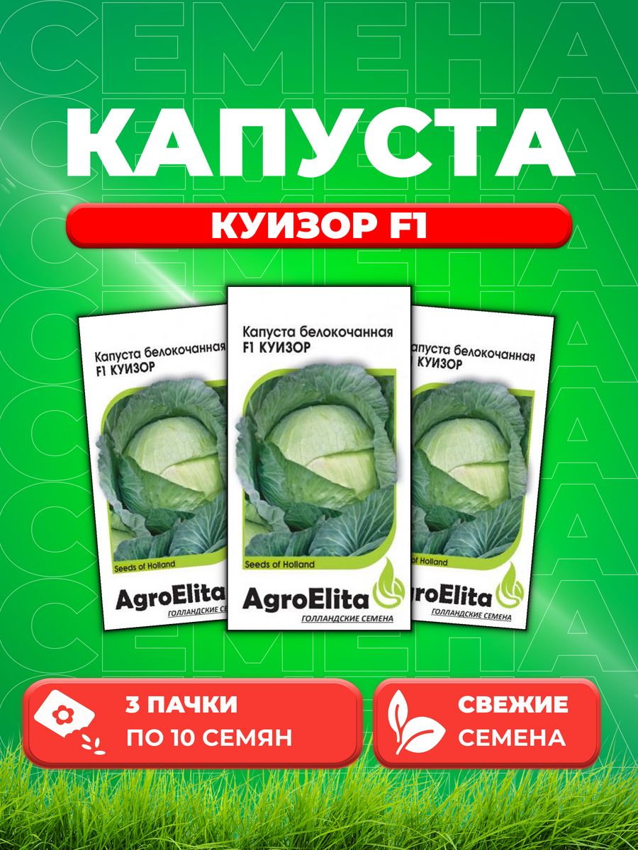 

Семена Капуста белокочанная Куизор F1, 10шт, AgroElita 3уп