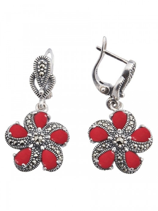 

Серьги женские из серебра ЮК Марказит HE598, марказит/коралл, HE598