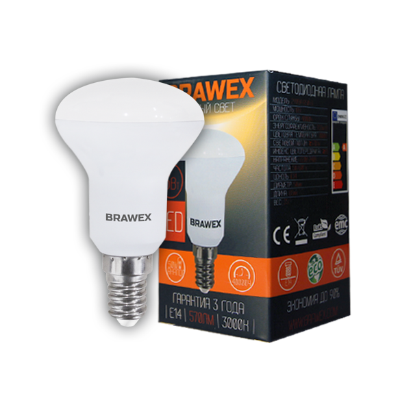 Упаковка светодиодных ламп Brawex 7Вт 3000К R50 Е14 2906A-R50-7L 10шт