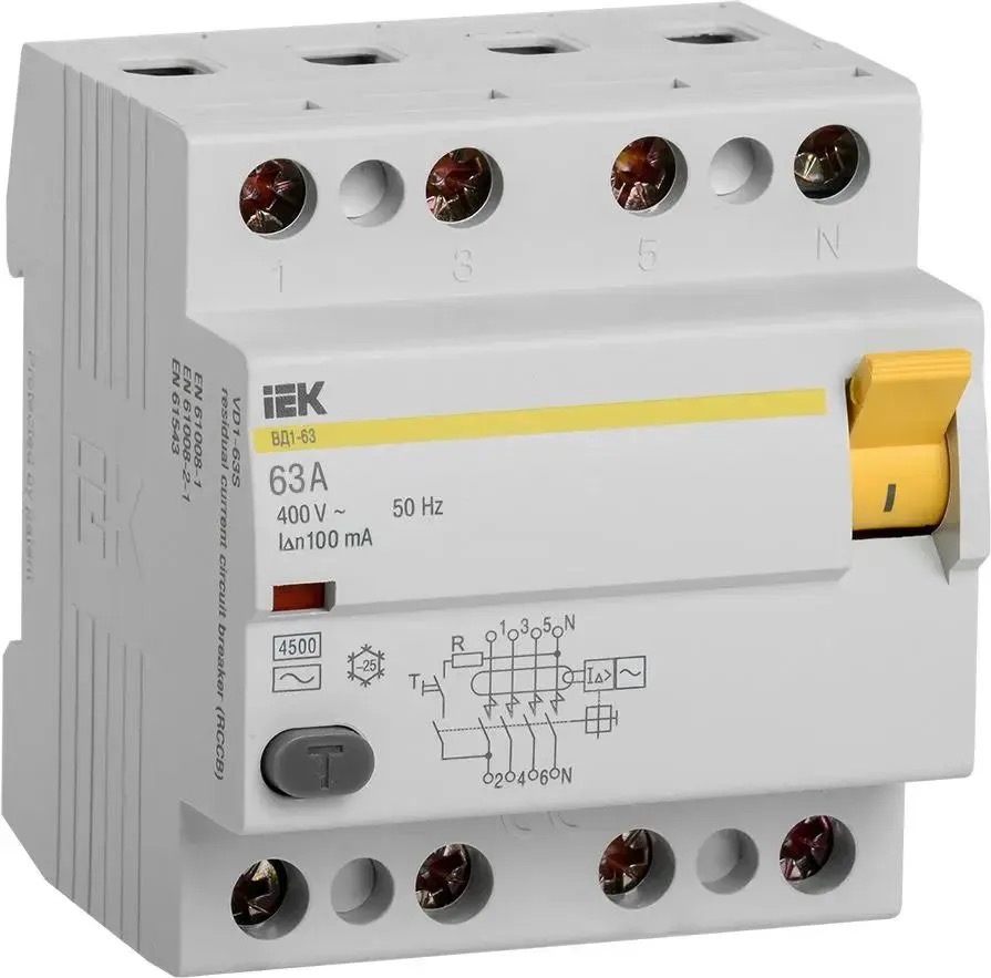 

Выключатель дифф.тока УЗО IEK ВД1-63 MDV10-4-063-100 63A 100мА AC 4 400В 4мод белый упак.1, Выключатель дифф.тока УЗО IEK ВД1-63 (MDV10-4-063-100) 63A 100мА AC 4 400В 4мод белый (упак.:1шт)