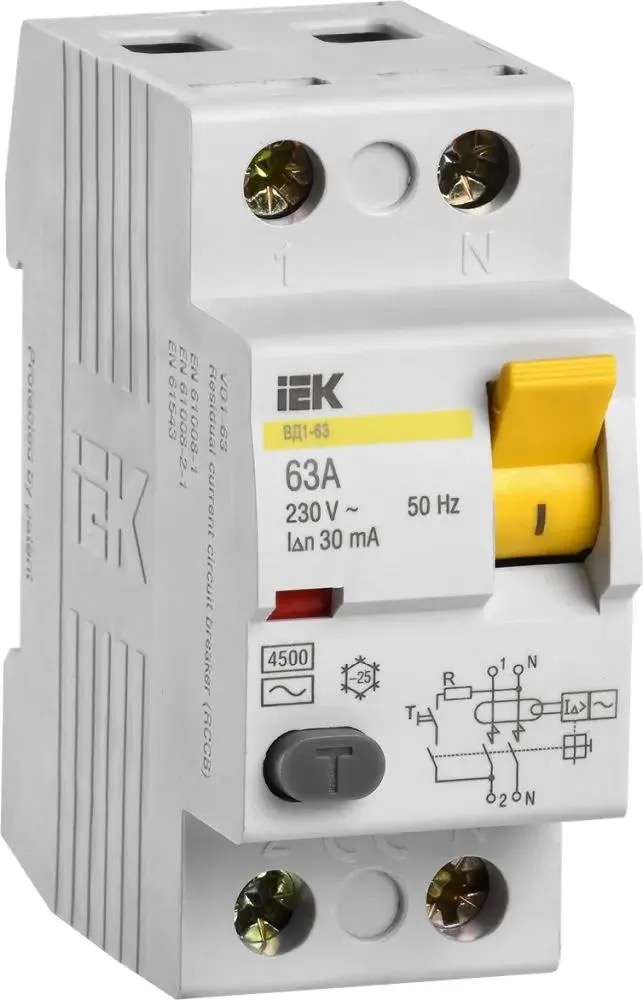 

Выключатель дифф.тока УЗО IEK ВД1-63 MDV10-2-063-030 63A 30мА AC 2П 230В 2мод белый упак.1, Выключатель дифф.тока УЗО IEK ВД1-63 (MDV10-2-063-030) 63A 30мА AC 2П 230В 2мод белый (упак.:1шт)