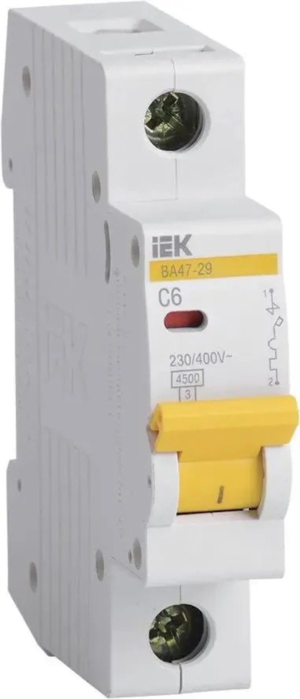 

Выключатель автоматический IEK ВА47-29 MVA20-1-006-C 6A тип C 4.5kA 1П 230/400В 1мод белый, Выключатель автоматический IEK ВА47-29 (MVA20-1-006-C) 6A тип C 4.5kA 1П 230/400В 1мод белый (упак.: