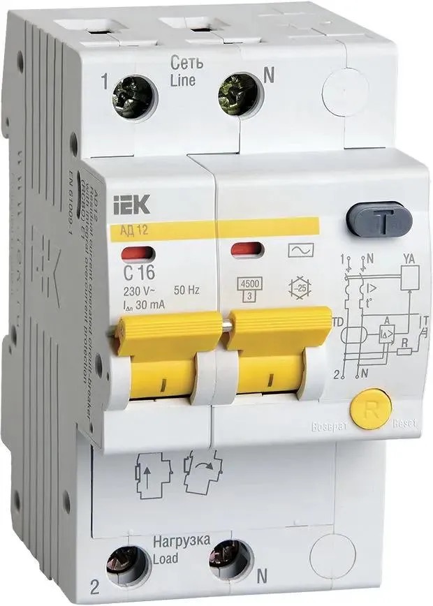 

Выключатель автом. дифф. тока IEK АД12 MAD10-2-016-C-030 16A тип C 4.5kA 30мА AC 2П 230В 3, Выключатель автом. дифф. тока IEK АД12 (MAD10-2-016-C-030) 16A тип C 4.5kA 30мА AC 2П 230В 3мод белы