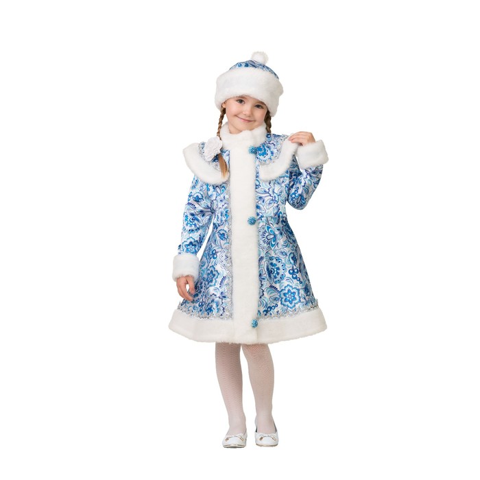 Карнавальный костюм Снегурочка сатин Гжель 2 , пальто, шапка, р.34, р.134 см карнавальный костюм стеша снегурочка голубой белый 86
