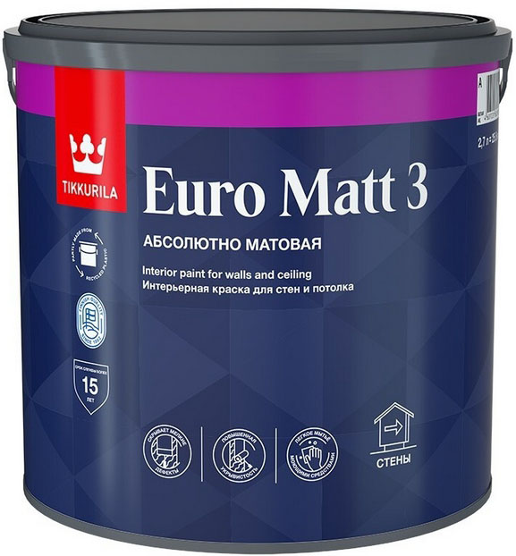 фото Tikkurila euro matt 3 base a краска интерьерная глубокоматовая для стен и потолка (2,7л)