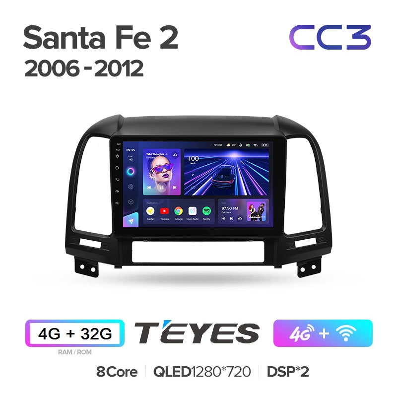 Автомагнитола Teyes CC3 4/32Гб Hyundai Santa Fe 2 ANDROID 10, QLED экран