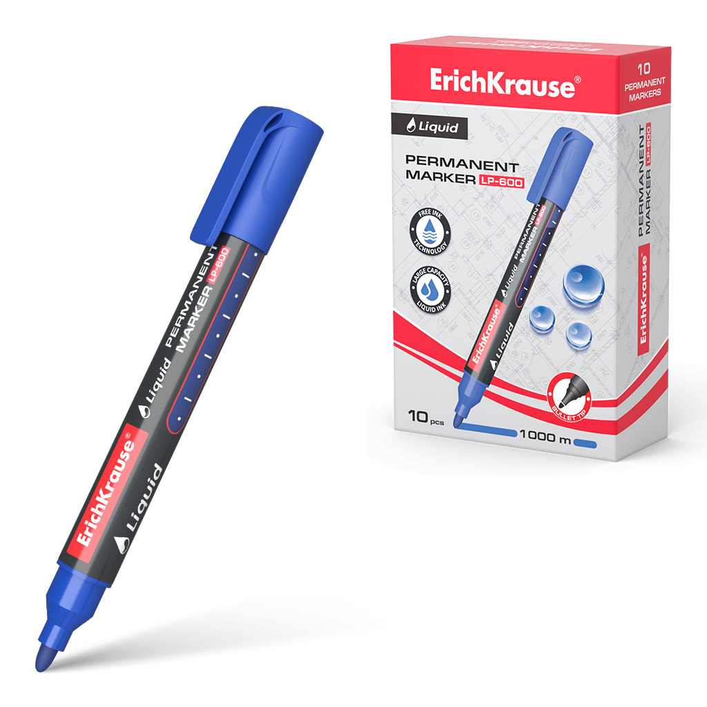 

Перманентный маркер с жидкими чернилами ErichKrause Liquid LP-600 48770 в коробке по 10 шт, Синий, Liquid LP-6