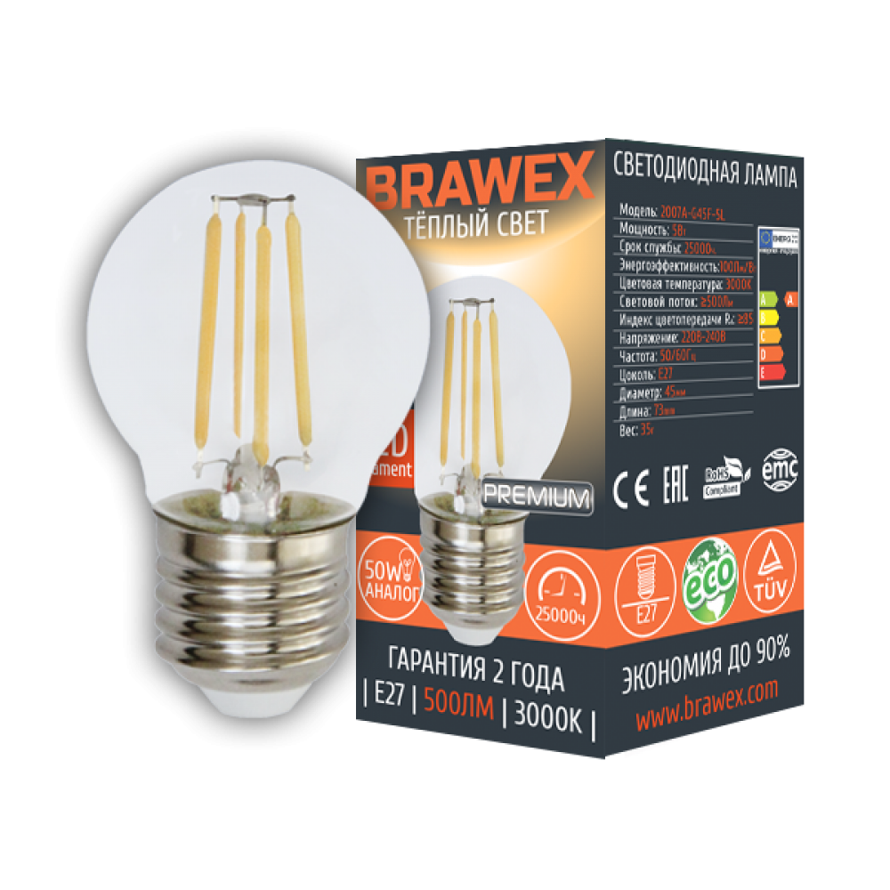 

Светодиодная лампа Brawex LED Filament шар G45 5W 3000K E27 2007A-G45F-5L