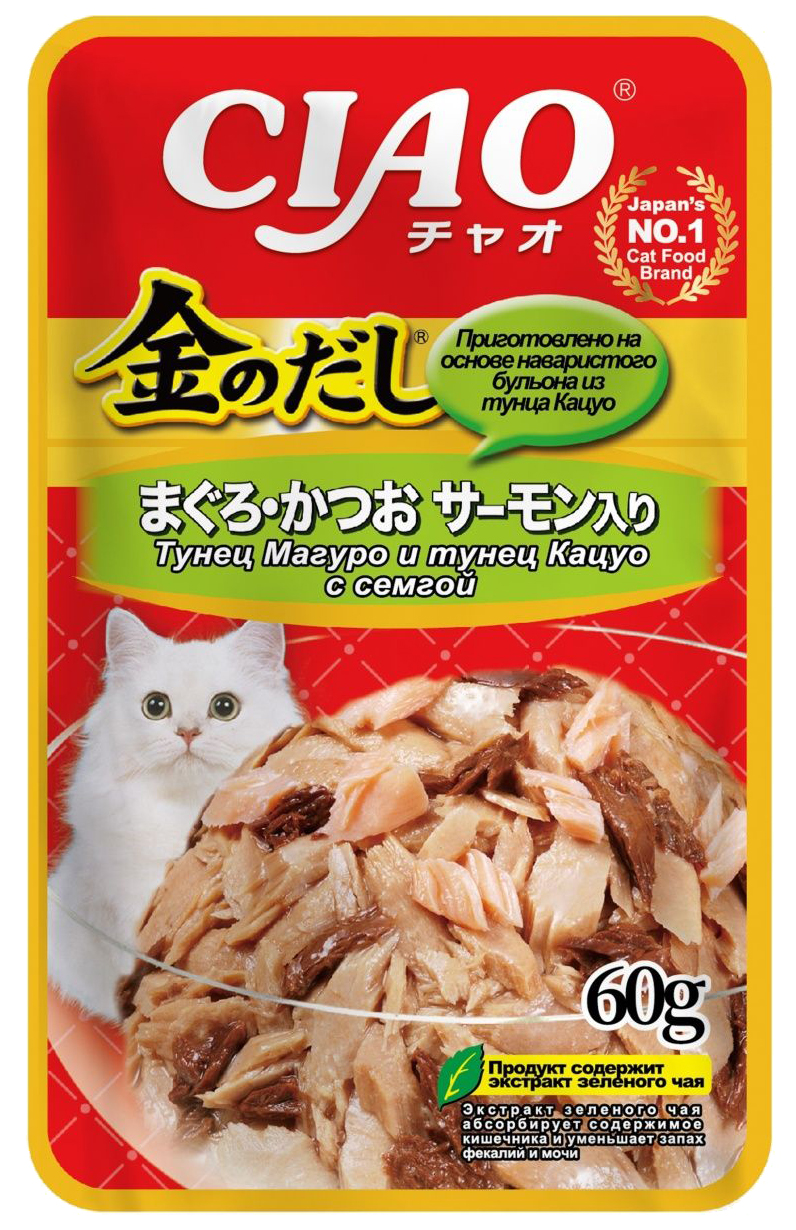 

Влажный корм для кошек Inaba тунец Магуро и тунец Кацуо с семгой, 3 шт по 60 г, тунец, рыба 60 г