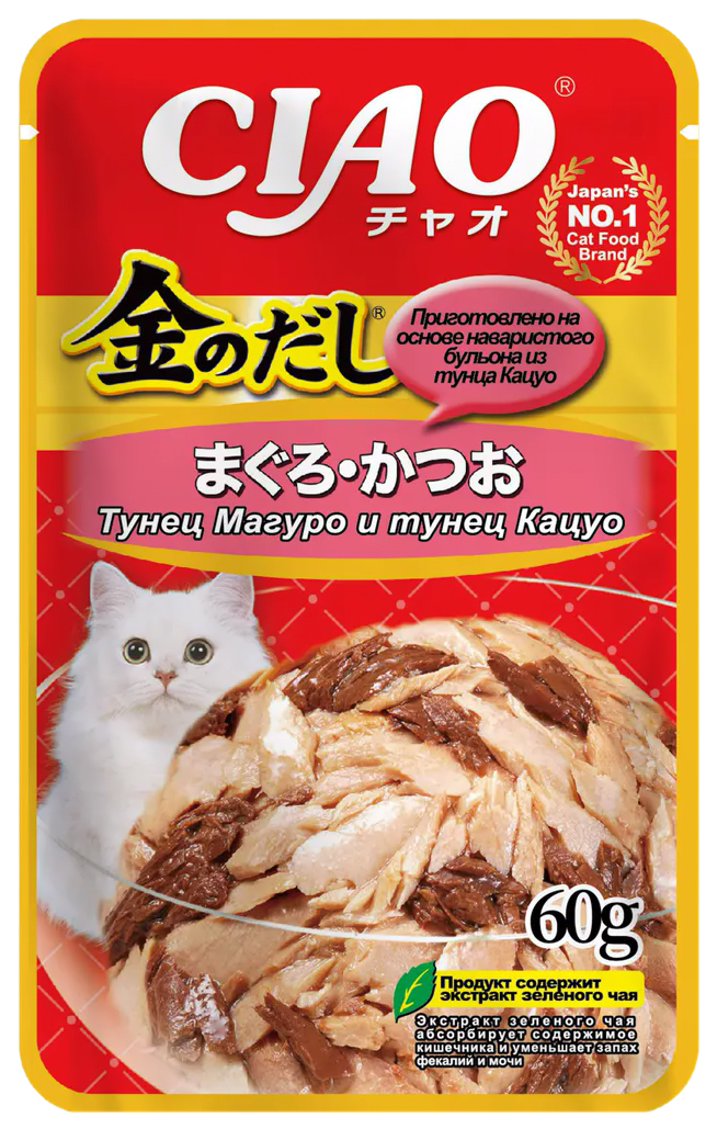 

Влажный корм для кошек Inaba Kinnodashi тунец Магуро и тунец Кацуо, 6 шт по 60 г, Kinnodashi