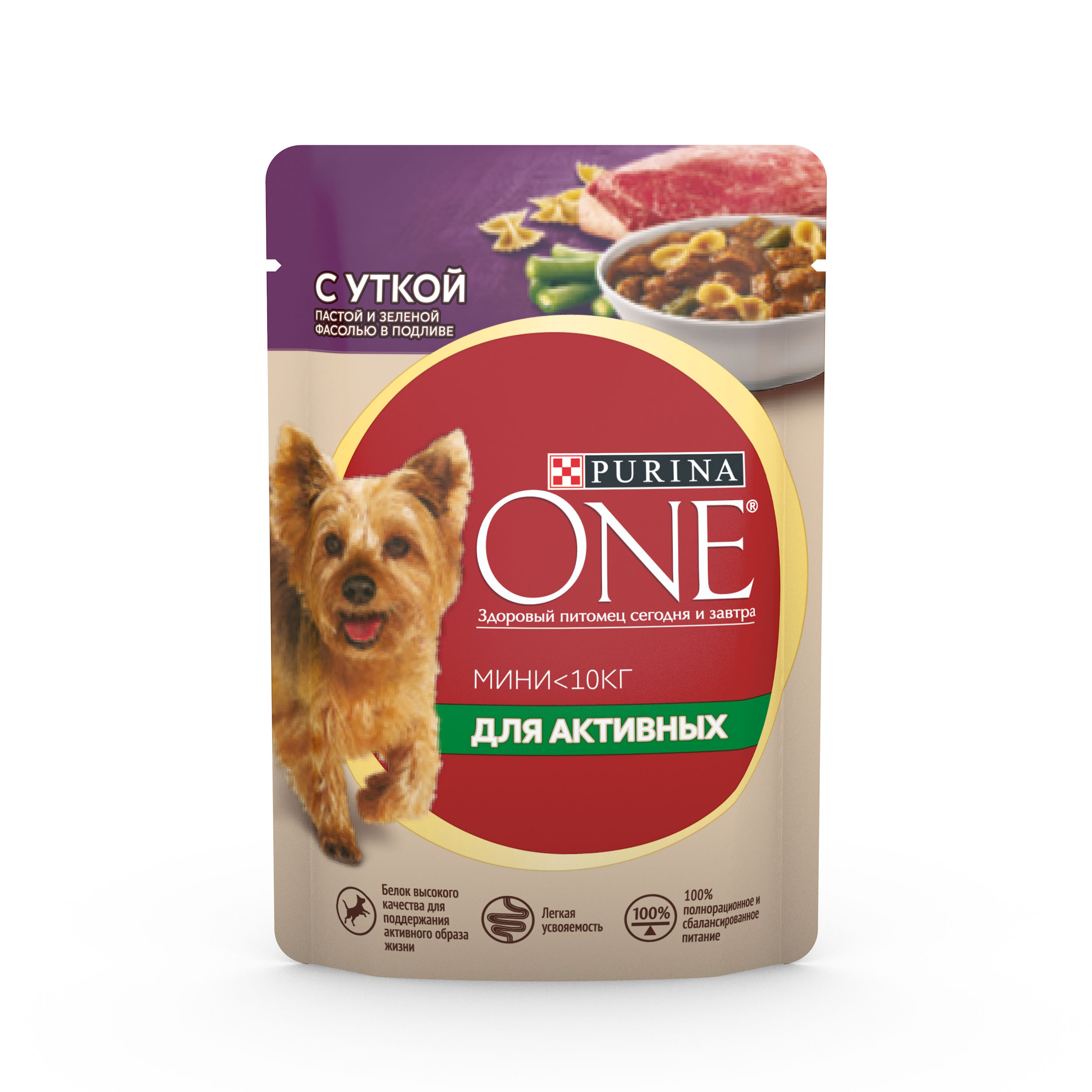 фото Влажный корм purina one мини активная для собак, с уткой, пастой и зеленой фасольюе, 85 г