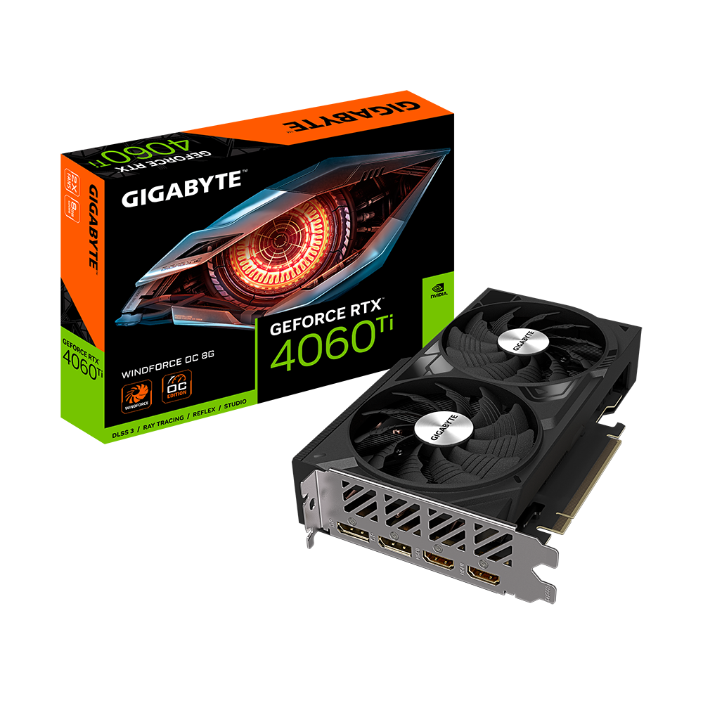 

Видеокарта GIGABYTE GeForce RTX 4060 Ti WINDFORCE OC (GV-N406TWF2OC-8GD), Черный, GeForce RTX 4060 Ti WINDFORCE OC
