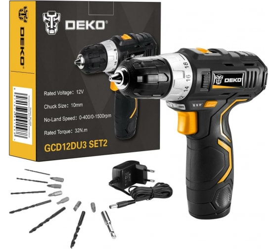 Дрель-шуруповерт Deko GCD12DU3 SET 2 063-4146 с 1-им АКБ набор оснастки 391400₽
