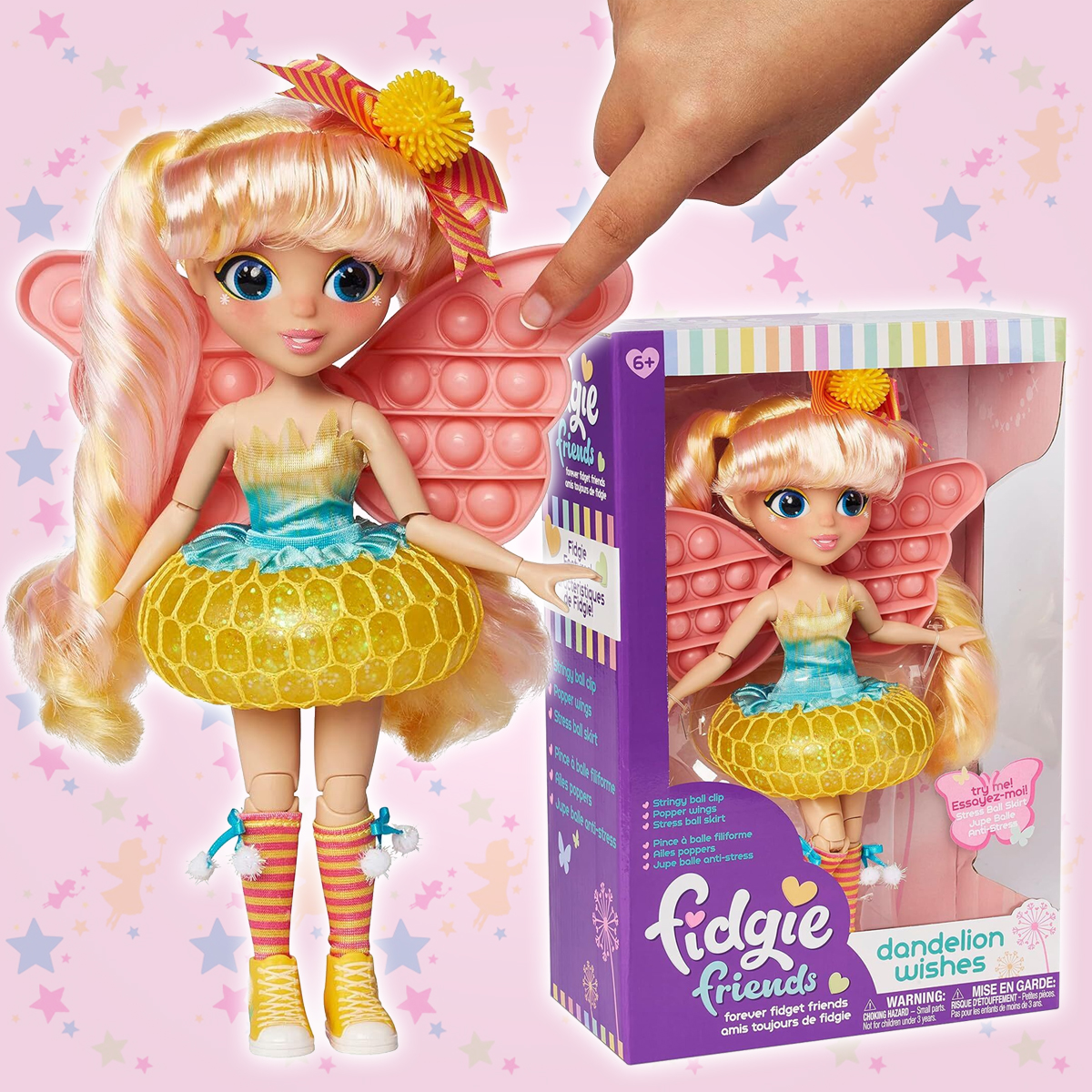 

Кукла Магия Кукол Fidgie Friends шарнирная Сверкающий одуванчик с игрушкой Pop it 27 см