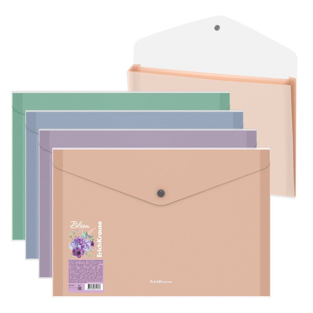 

Папка-конверт на кнопке ErichKrause Matt Pastel Bloom, 4 шт 61161, Разноцветный