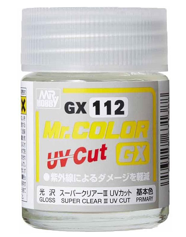 

Лак Mr.Hobby, Super Clear Gloss UV Cut GX112, супер-глянцевый, не пропускает УФ-лучи 18 мл, Прозрачный