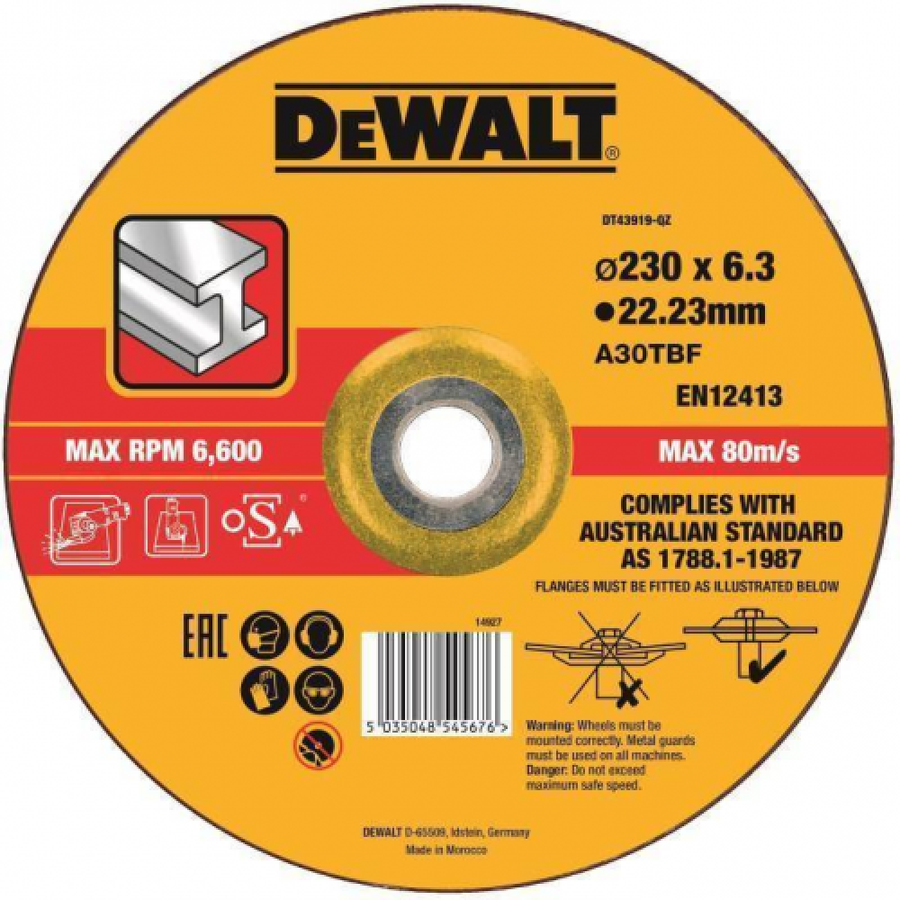 

Диск обдирочный 230x6.3х22,23 мм DeWalt, DT43919, выпуклый