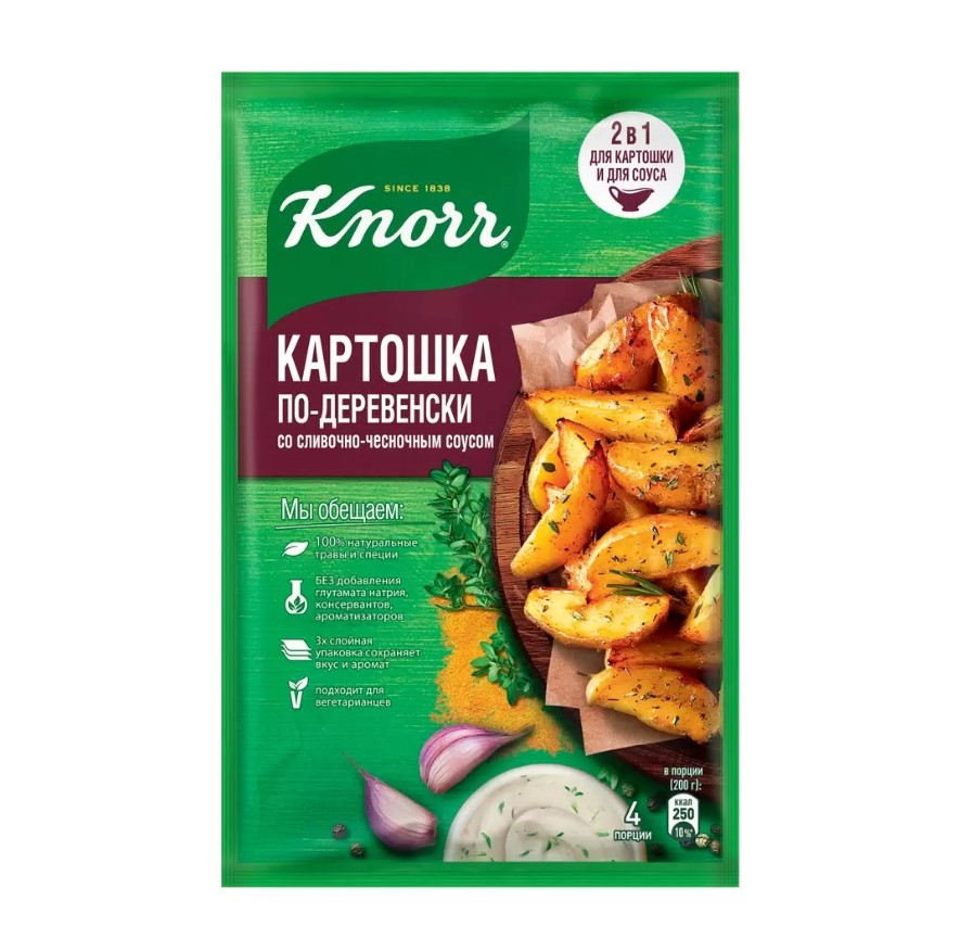 

Приправа Knorr Картошка по-деревенски, со сливочно-чесночным соусом, 27x28 г