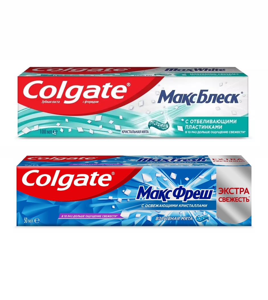 Набор Зубных паст Colgate Макс Фреш Взрывная мята 50 мл Макс Блеск Кристальная мята 50 мл набор зубных паст colgate макс фреш взрывная мята 100 мл нежная мята 100 мл