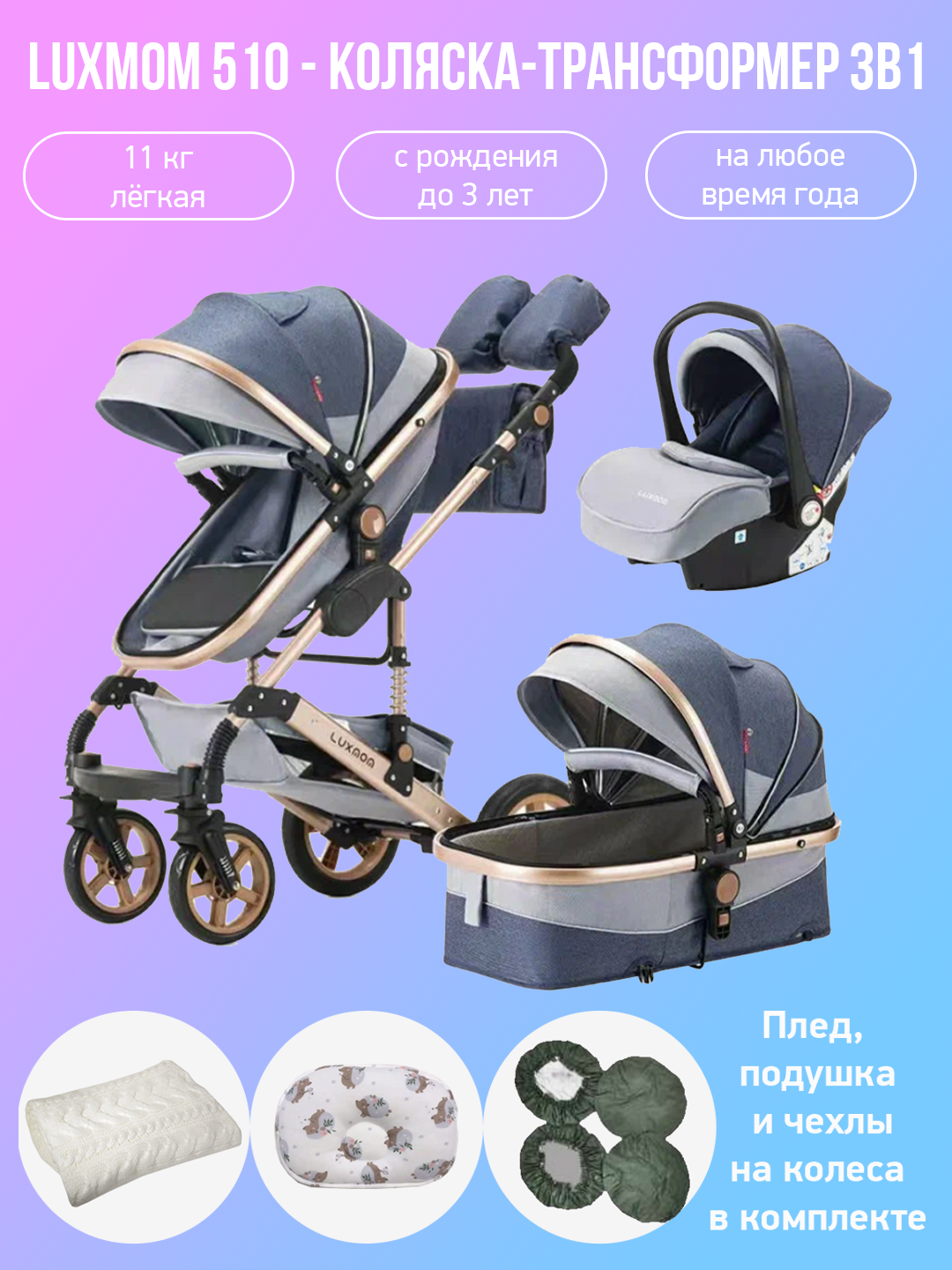 

Детская коляска-трансформер 3 в 1 Luxmom 510 синий с аксессуарами, 510