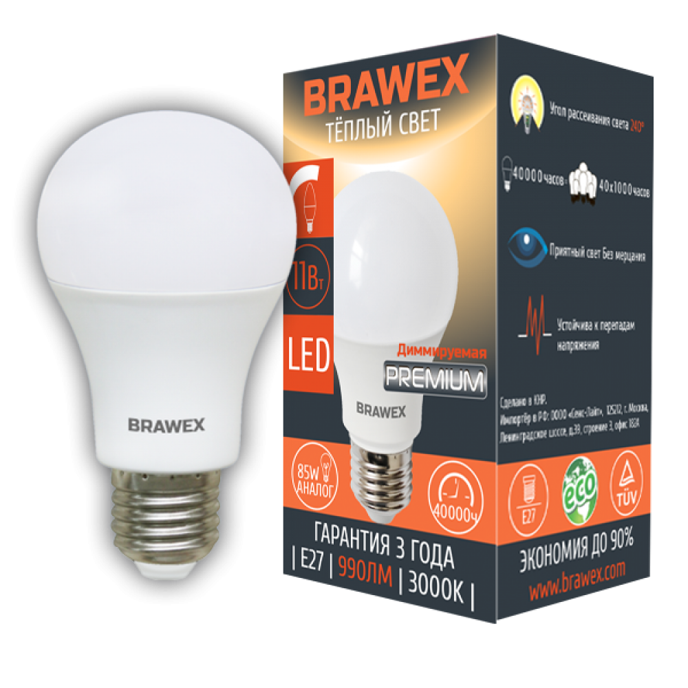

Светодиодная лампа BRAWEX А60-11L диммируемая 11W 3000K E27 IC DIM