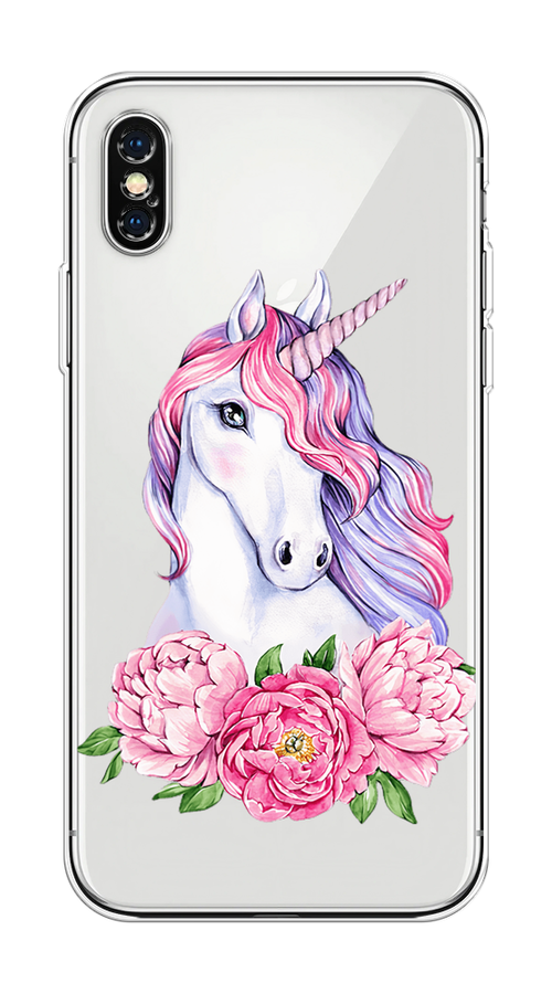

Чехол на Apple iPhone XS Max "Единорог с пионами", Розовый;белый;зеленый, 11950-1