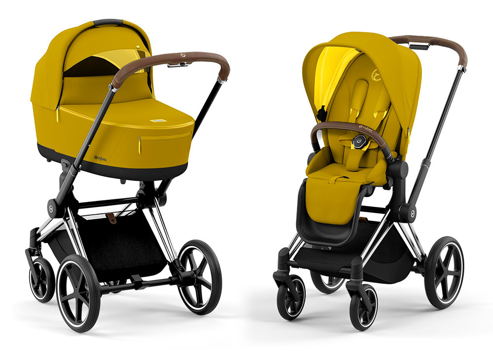 фото Cybex priam iv коляска 2 в 1, шасси iv chrome ручка brown/текстиль mustard yellow