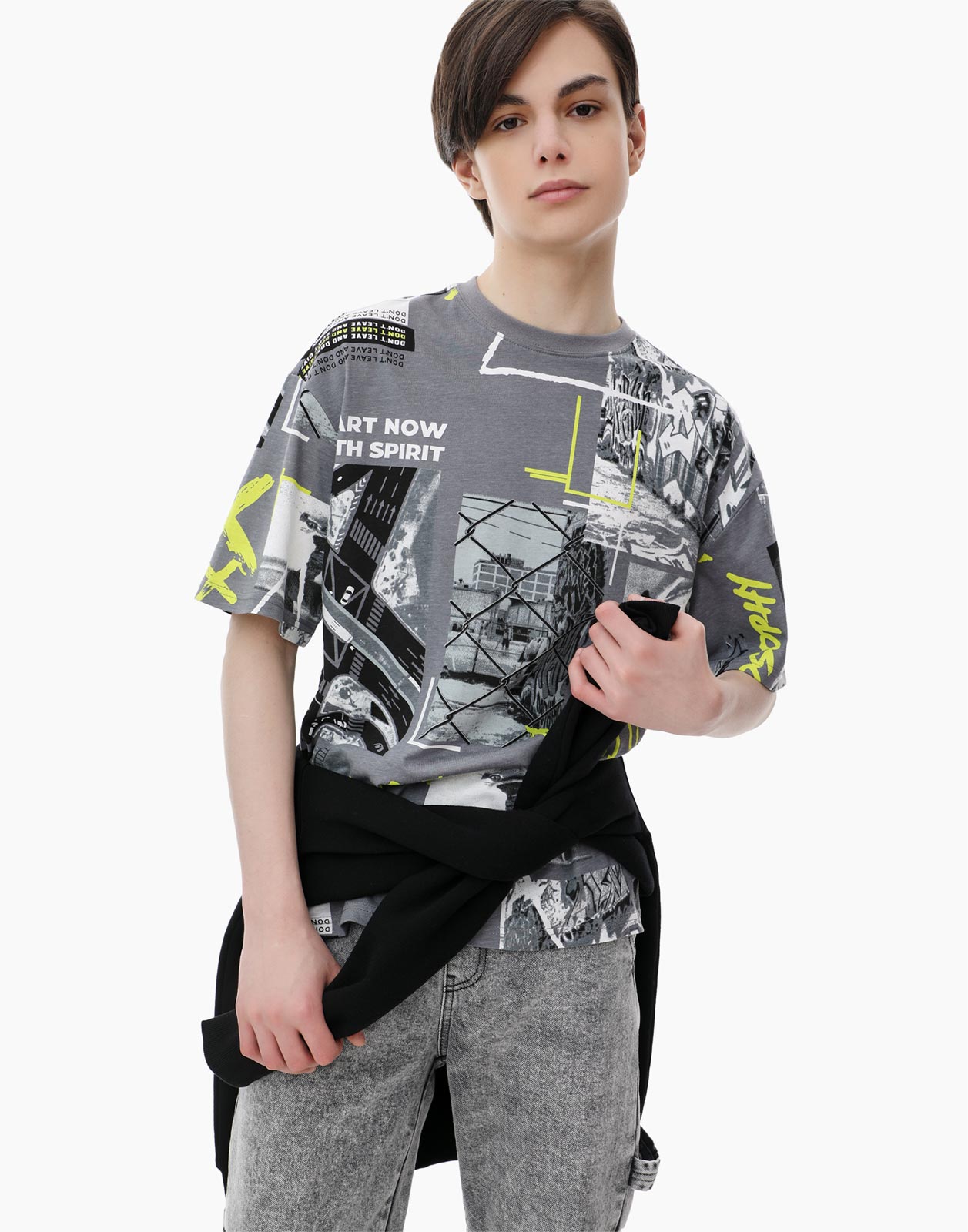 Серая Oversize футболка спринтом для мальчика 8-10л/134-140