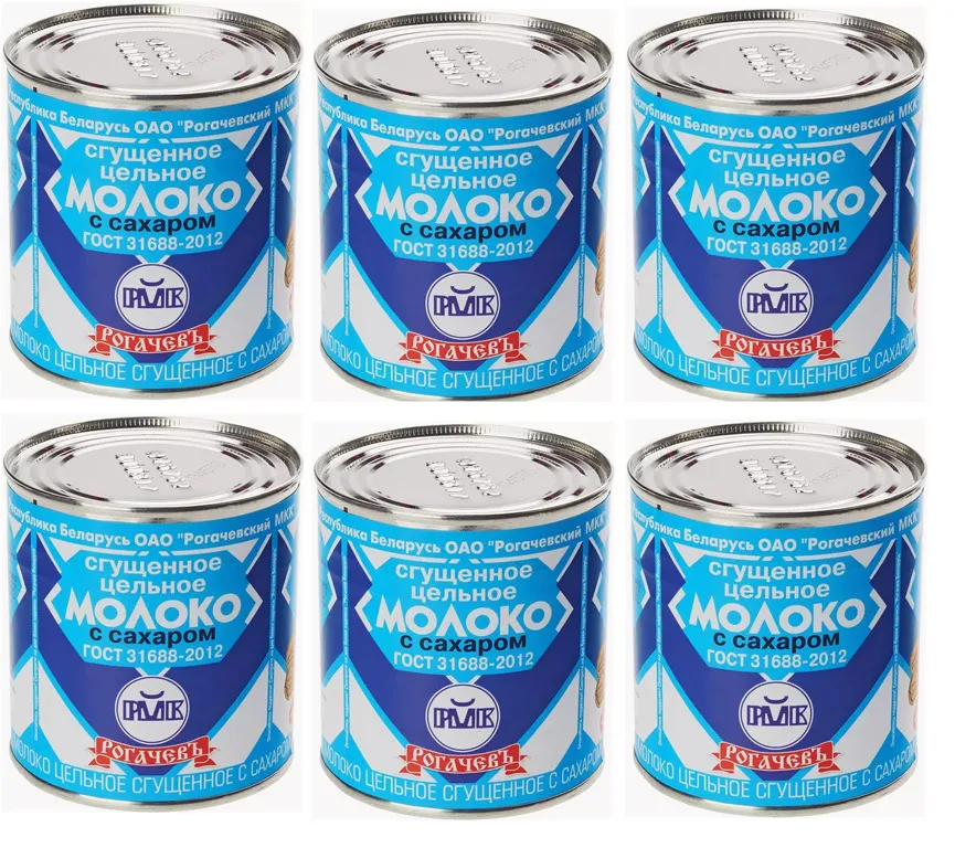 Молоко сгущенное Рогачевъ с сахаром 8.5% 380г, Спайка из 6 шт