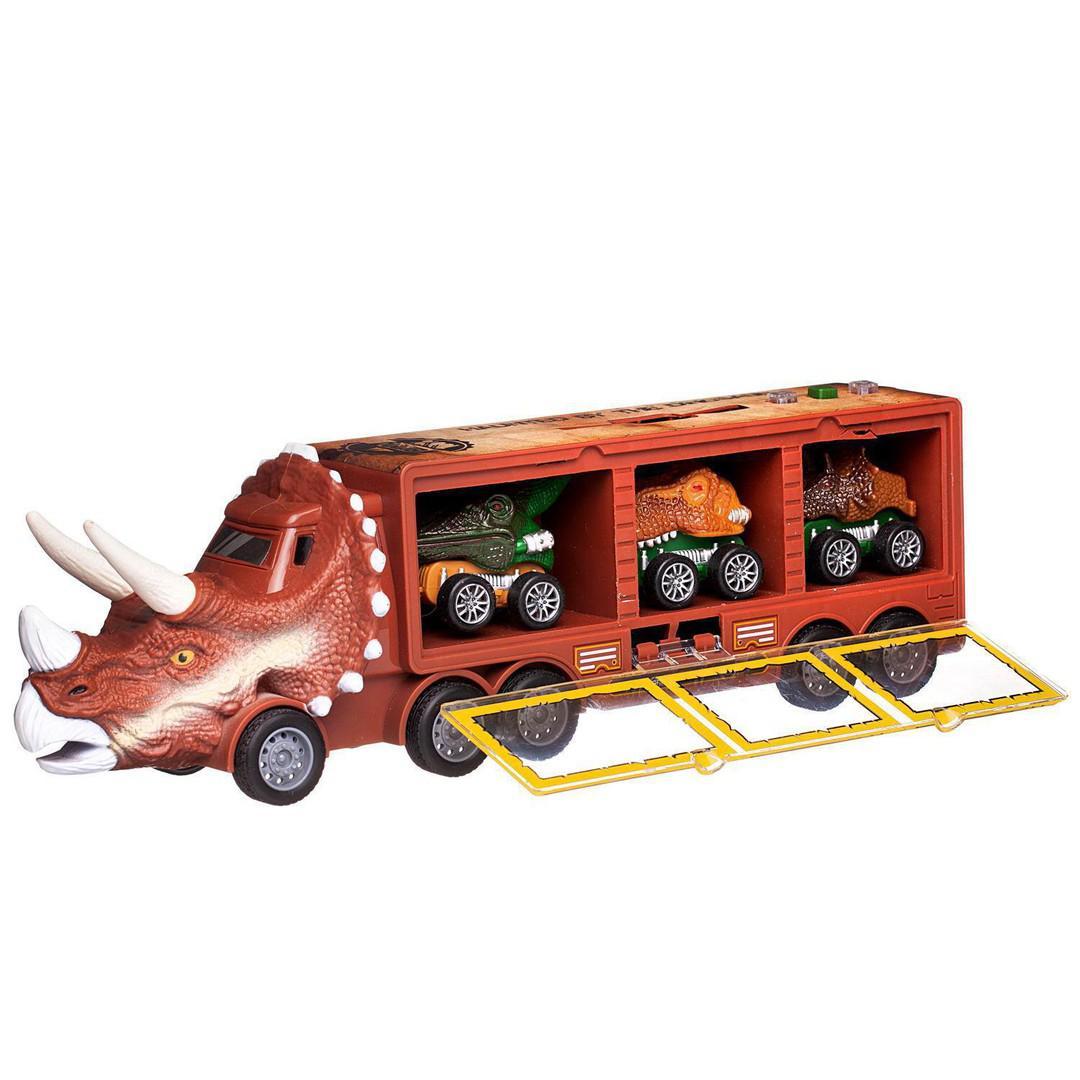 Машинка Junfa Автовоз-динозавр коричневый с 3 машинками-динозаврами со съездом junfa грузовик с машинками и запчастями