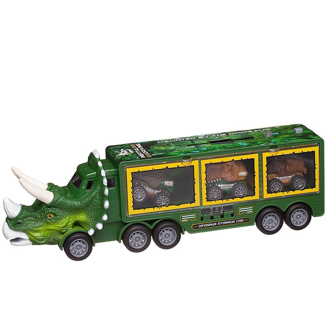 Машинка Junfa Автовоз-динозавр зеленый с 3 машинками-динозаврами со съездом автовоз battat с 2 машинками