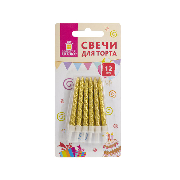 

Набор свечей для торта Золотая сказка 6 см, с держателем, золотой металлик, 4 наб по 12шт